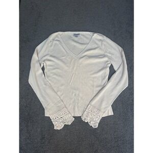 Baldanza Sweater Women's XL Silk Ivory Stretch V-Neck Lace Long Sleeve Pullover